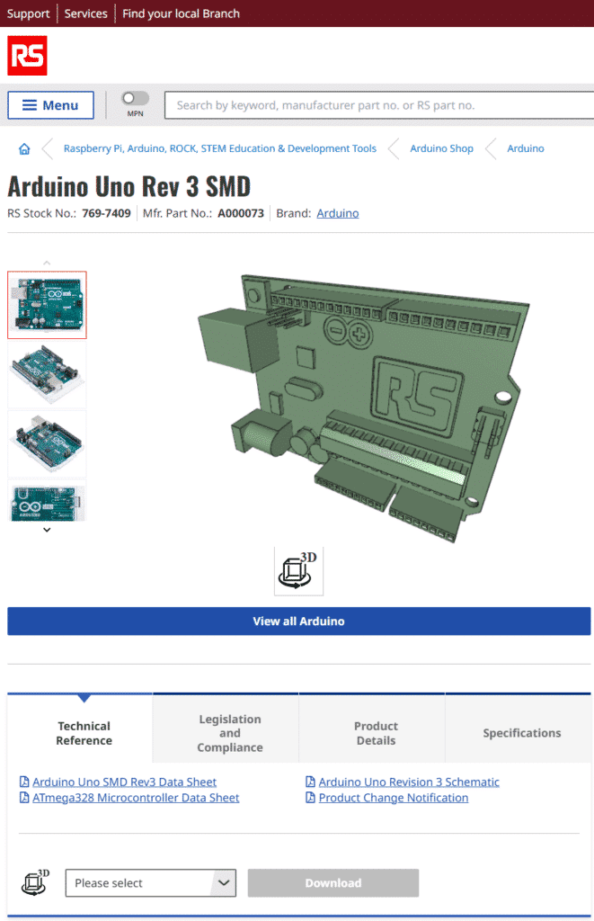 RS电子商务网站提供无缝的3D预览功能,并支持下载超过60种不同格式的CAD模型。